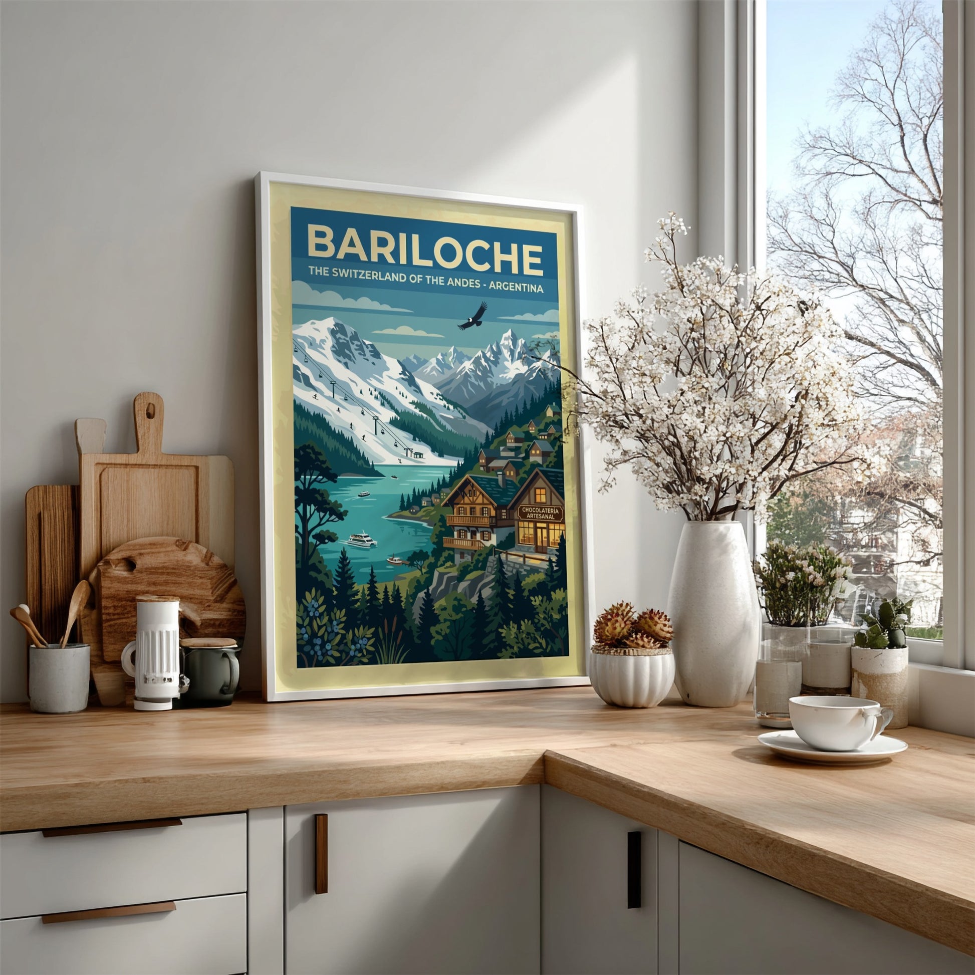 Travel poster of Bariloche featuring snow-capped Andes mountains, a blue lake, and alpine architecture.