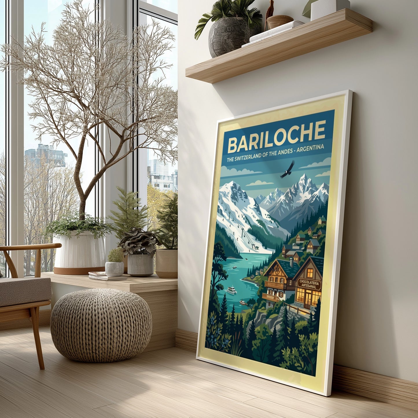 Travel poster of Bariloche featuring snow-capped Andes mountains, a blue lake, and alpine architecture.