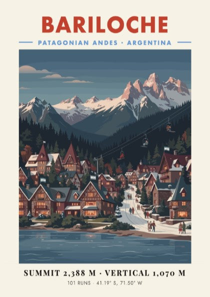 Bariloche ski resort poster showcasing winter landscape, vintage style, snow-capped mountains, and alpine