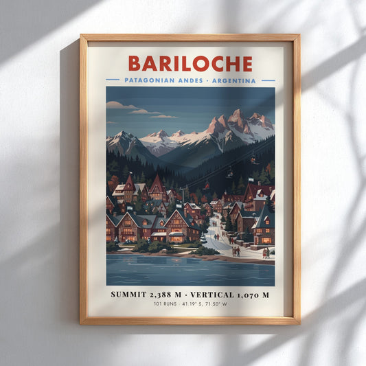 Bariloche ski resort poster showcasing winter landscape, vintage style, snow-capped mountains, and alpine