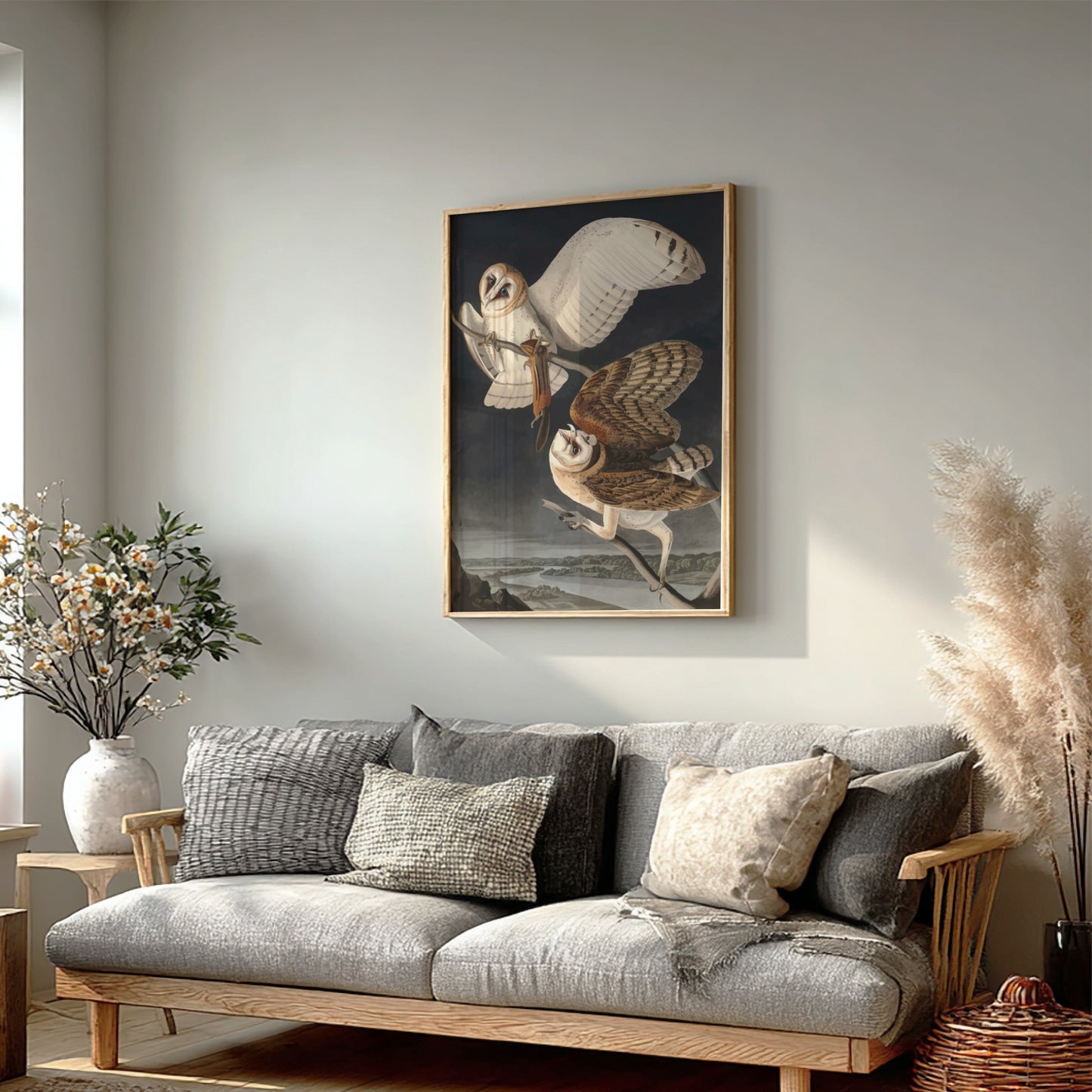 Barn Owl art poster featuring detailed owls in flight, vintage style, dark backdrop, nature theme