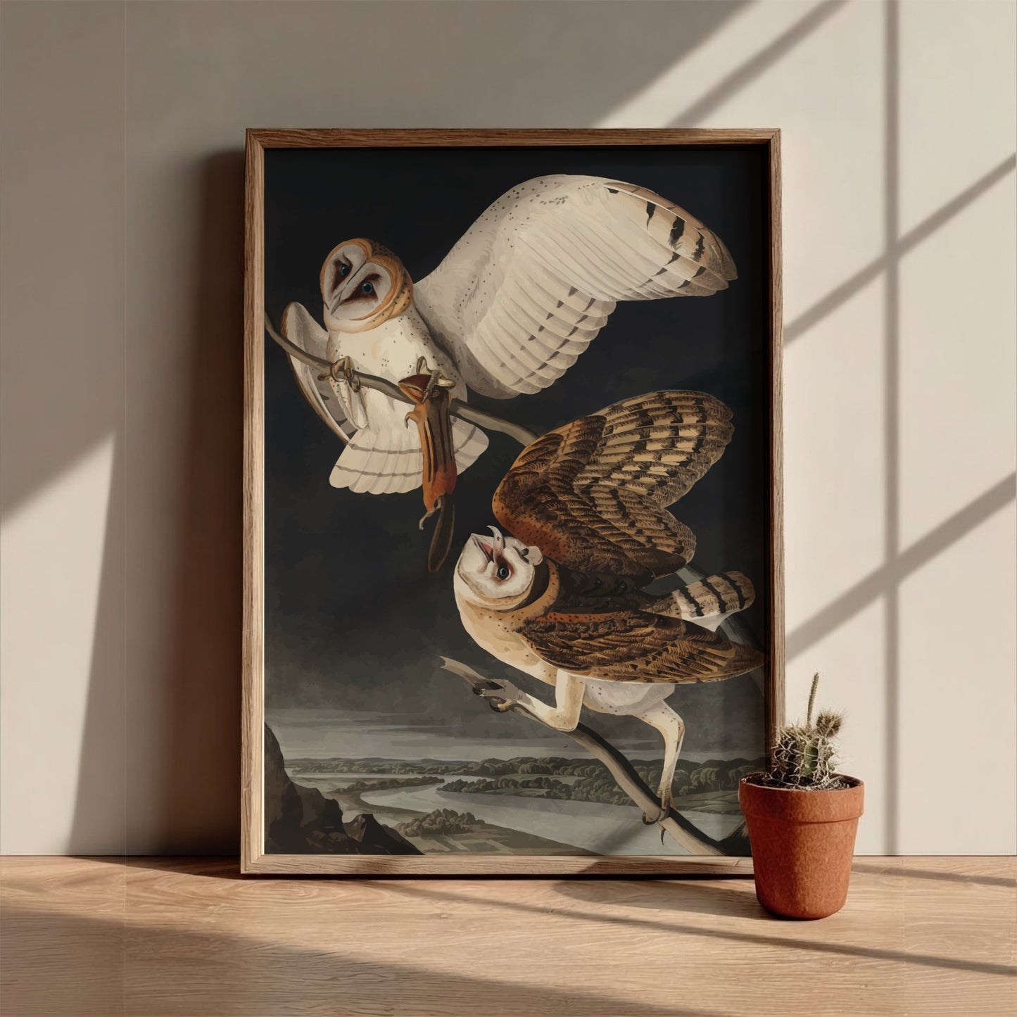 Barn Owl art poster featuring detailed owls in flight, vintage style, dark backdrop, nature theme