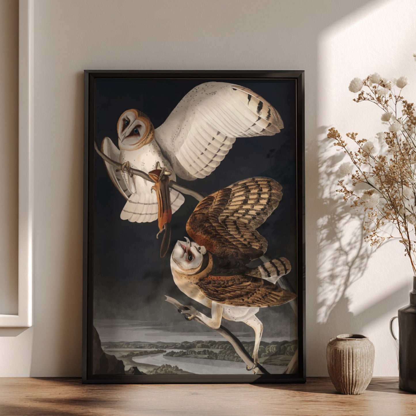 Barn Owl art poster featuring detailed owls in flight, vintage style, dark backdrop, nature theme
