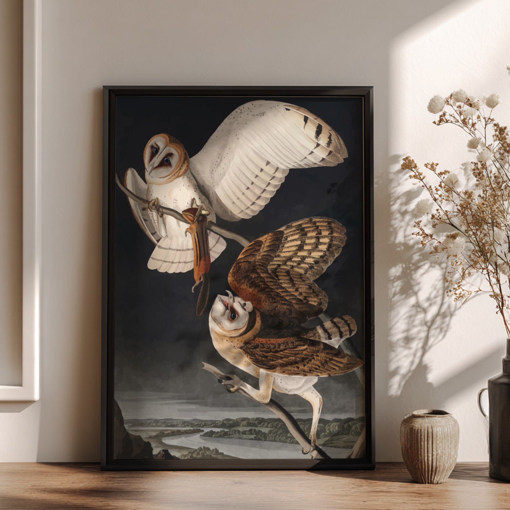 Barn Owl art poster featuring detailed owls in flight, vintage style, dark backdrop, nature theme