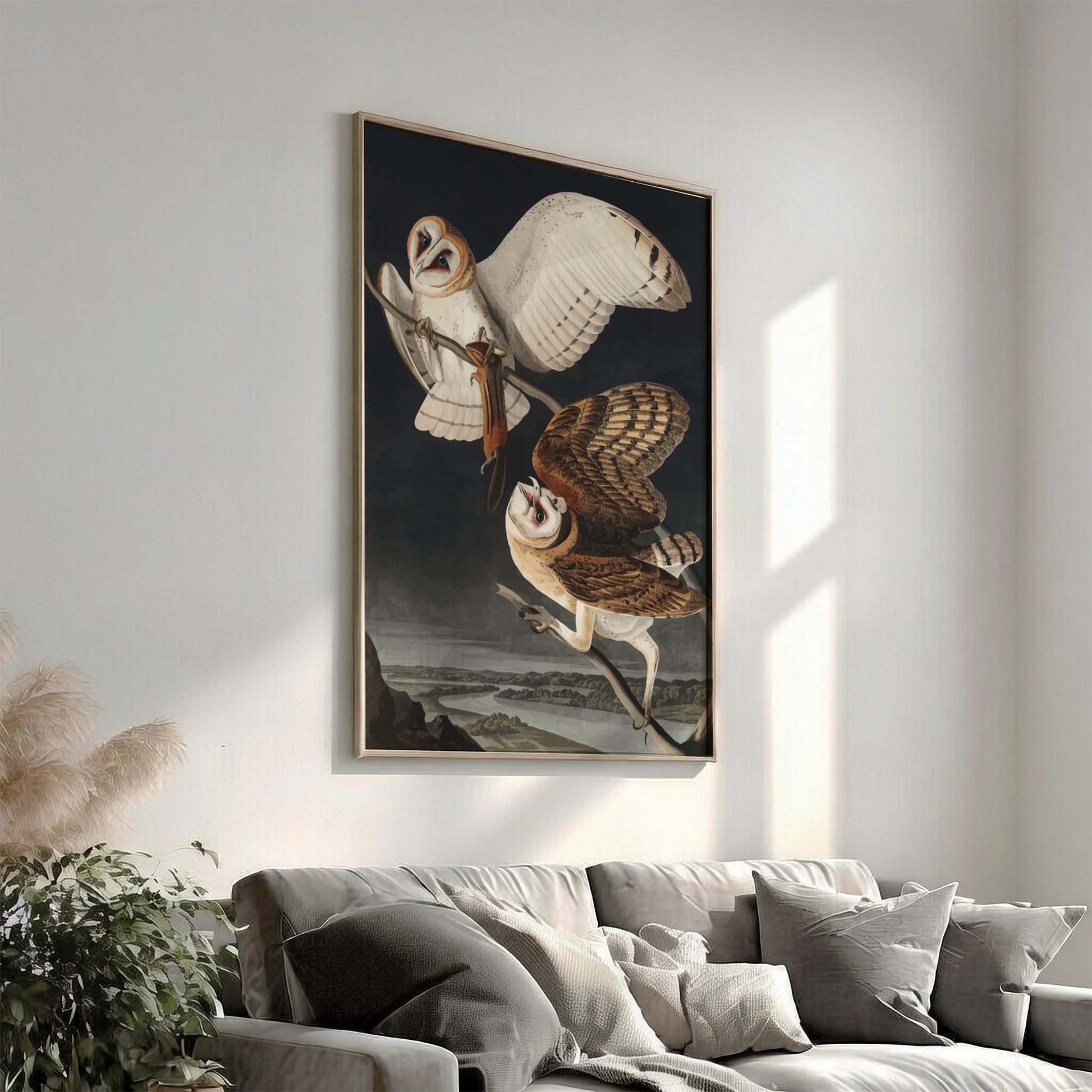 Barn Owl art poster featuring detailed owls in flight, vintage style, dark backdrop, nature theme