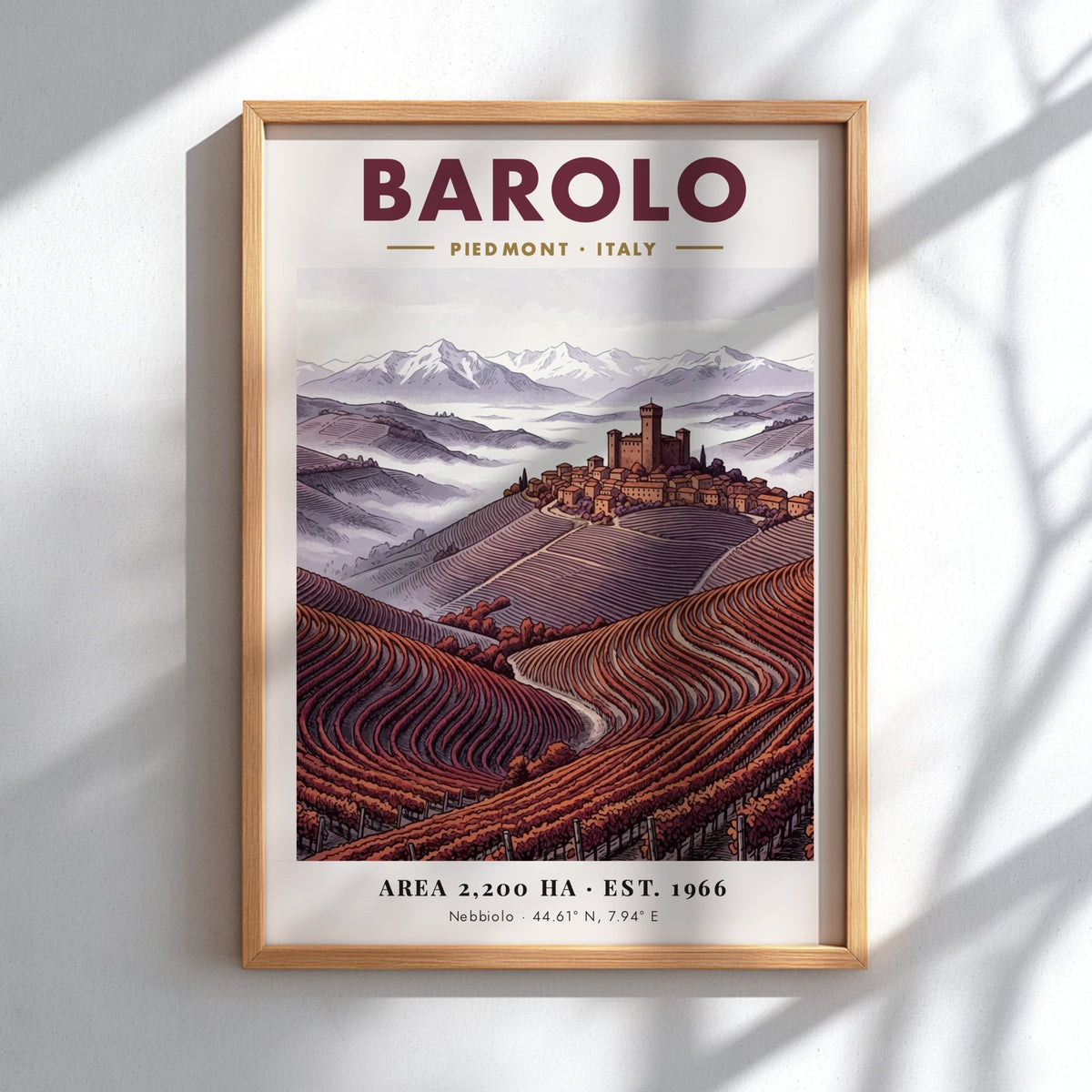Poster of Barolo Italy showing a hilltop fortress above terraced red wine vineyards
