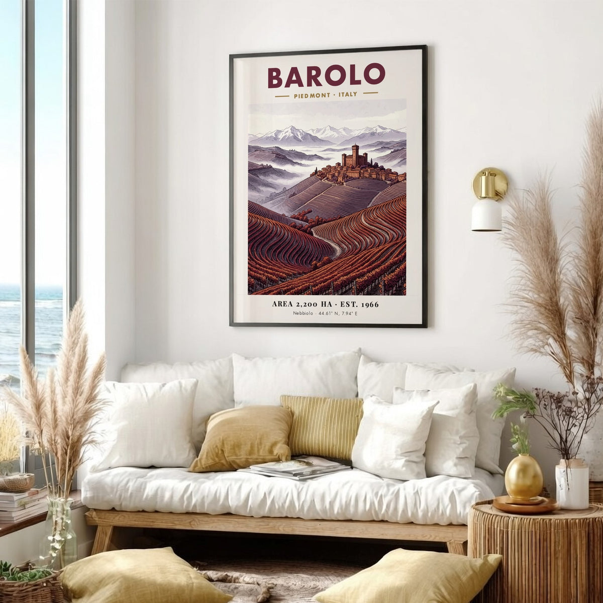 Poster of Barolo Italy showing a hilltop fortress above terraced red wine vineyards
