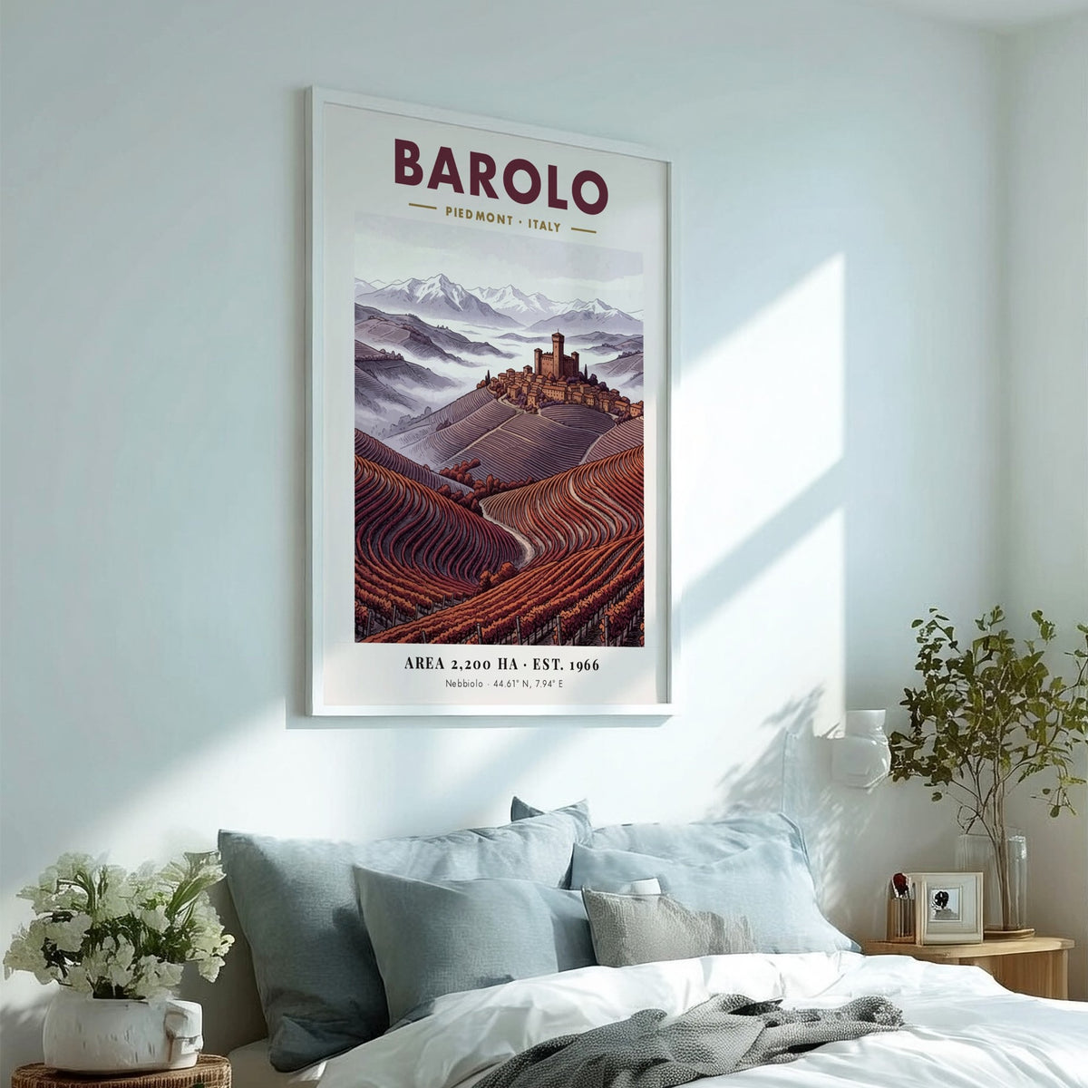 Poster of Barolo Italy showing a hilltop fortress above terraced red wine vineyards