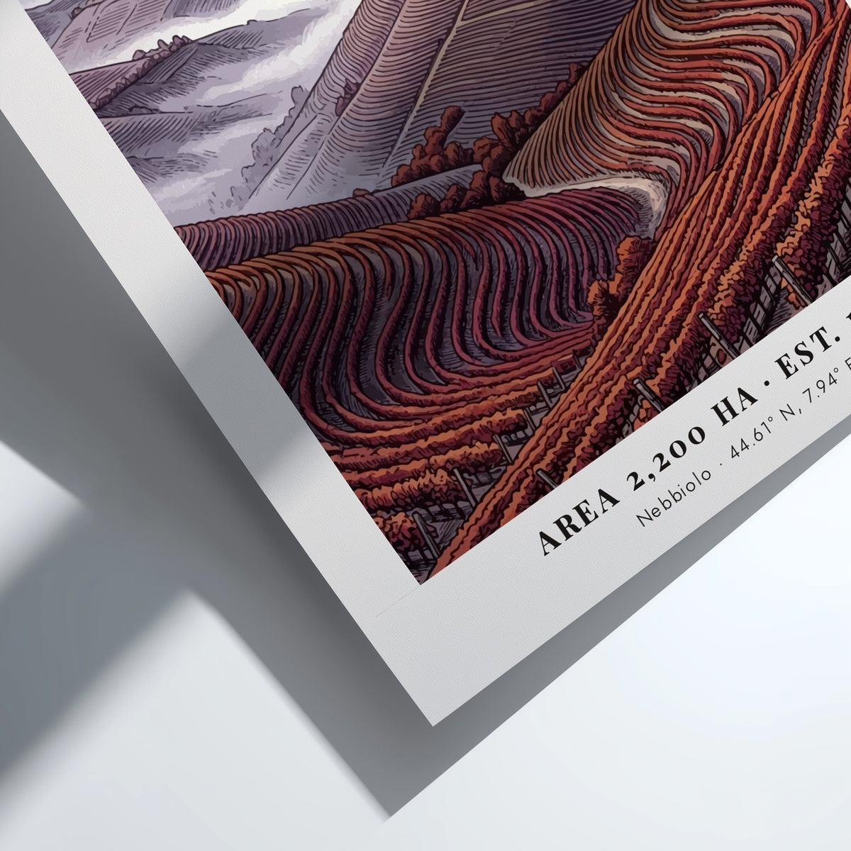 Poster of Barolo Italy showing a hilltop fortress above terraced red wine vineyards