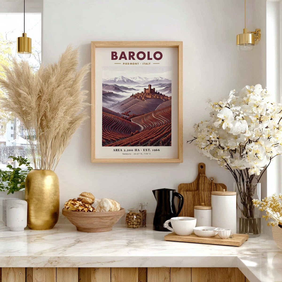 Poster of Barolo Italy showing a hilltop fortress above terraced red wine vineyards