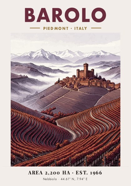 Poster of Barolo Italy showing a hilltop fortress above terraced red wine vineyards