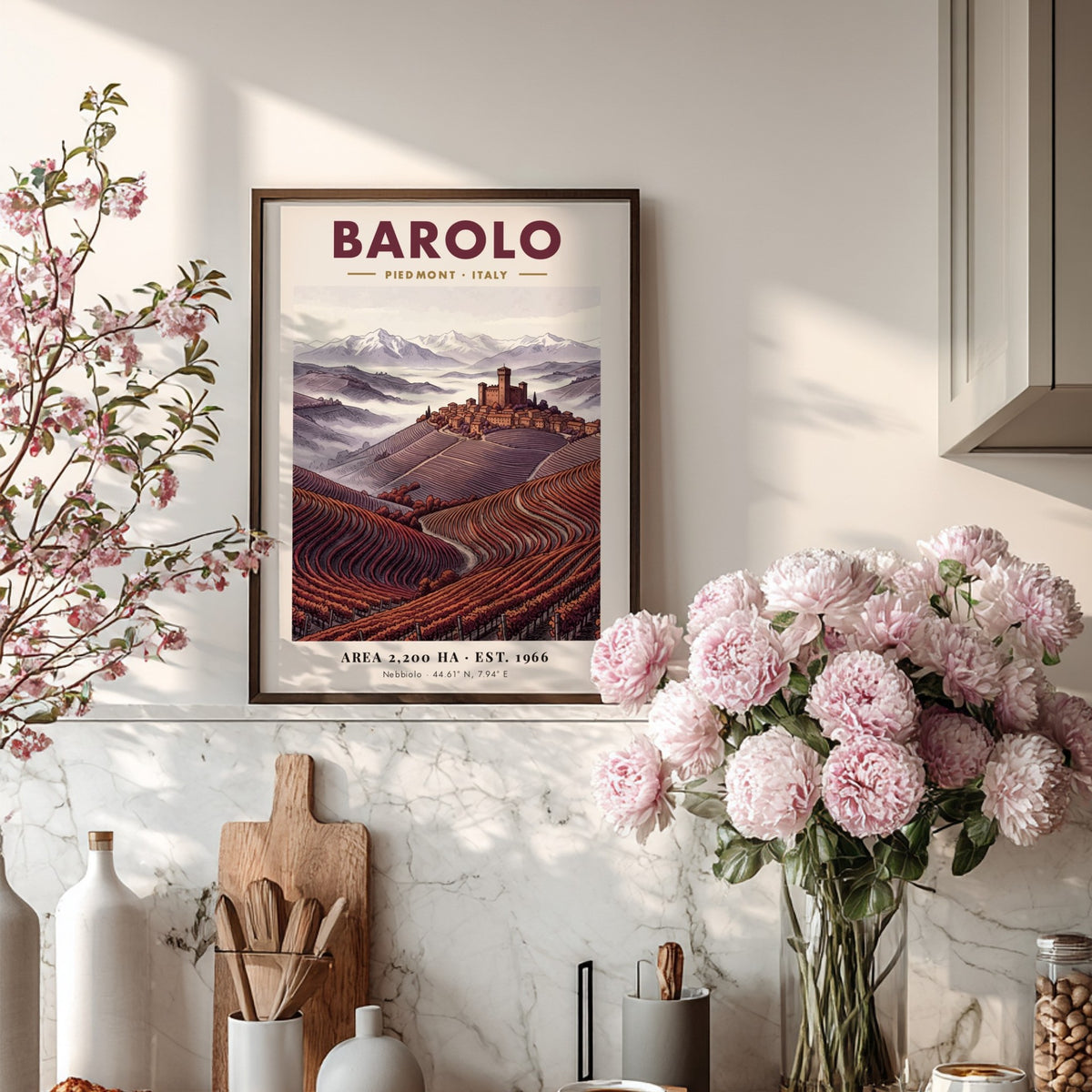 Poster of Barolo Italy showing a hilltop fortress above terraced red wine vineyards