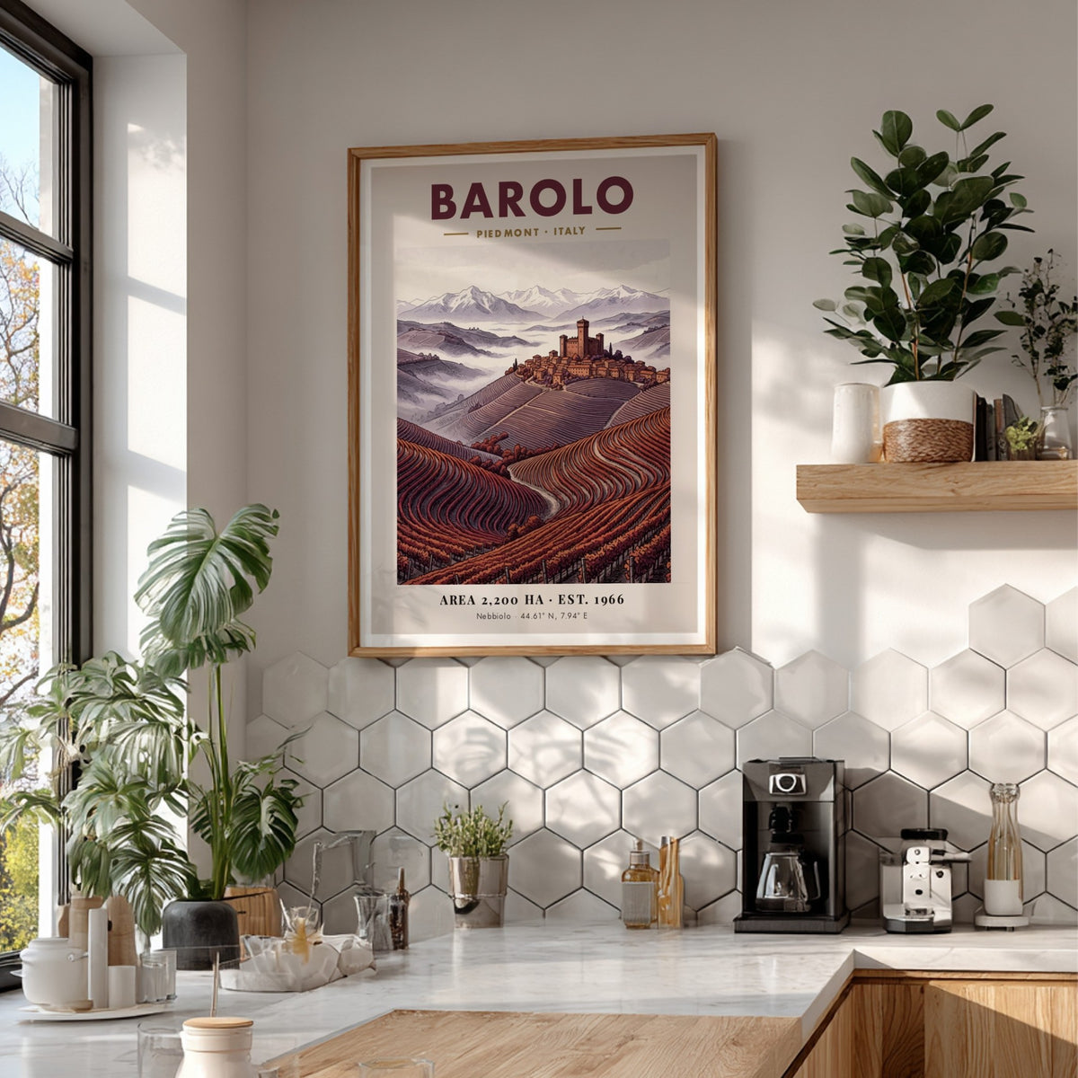 Poster of Barolo Italy showing a hilltop fortress above terraced red wine vineyards