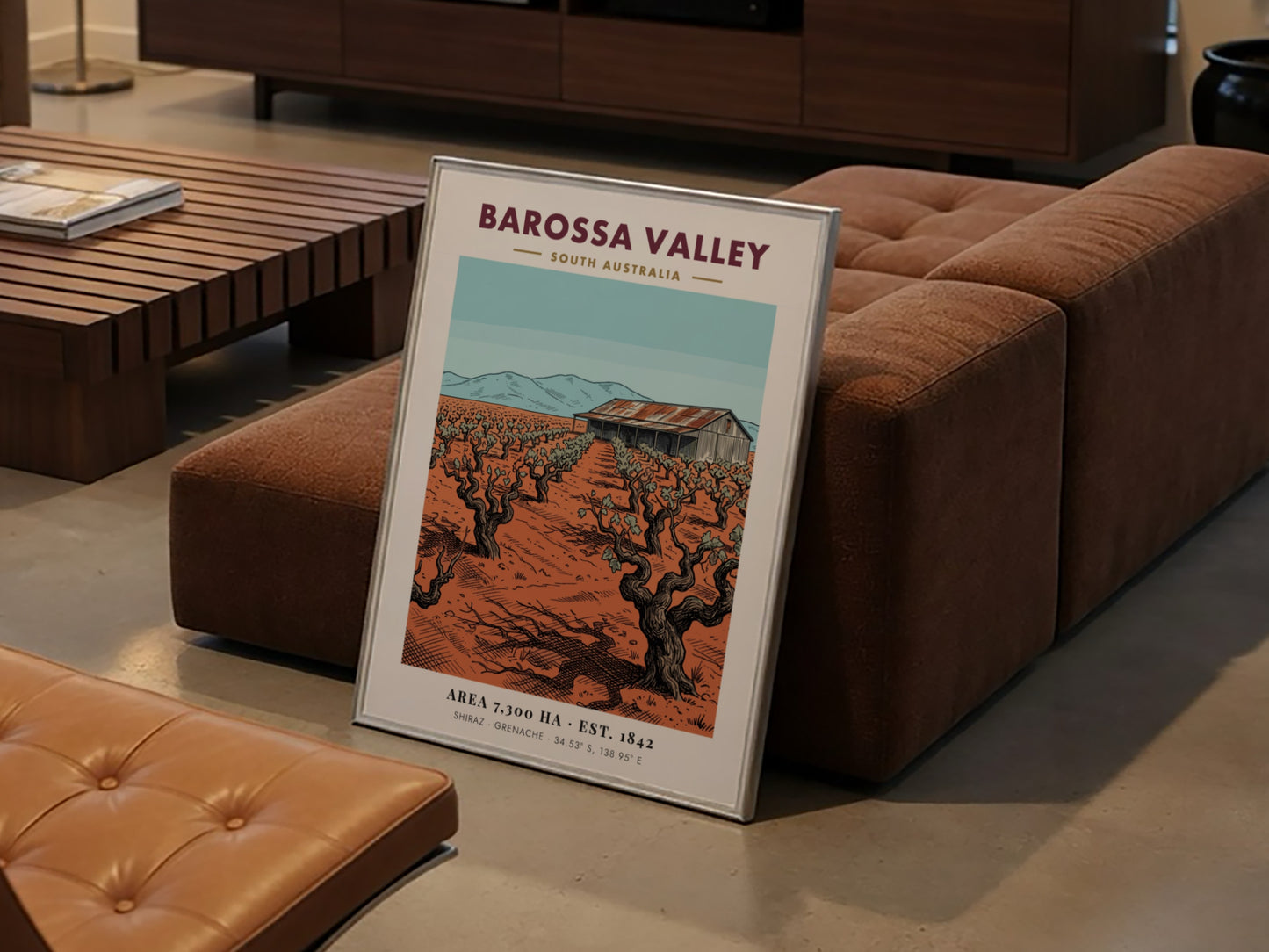 Vintage poster of Barossa Valley showing gnarled grape vines and a rustic barn