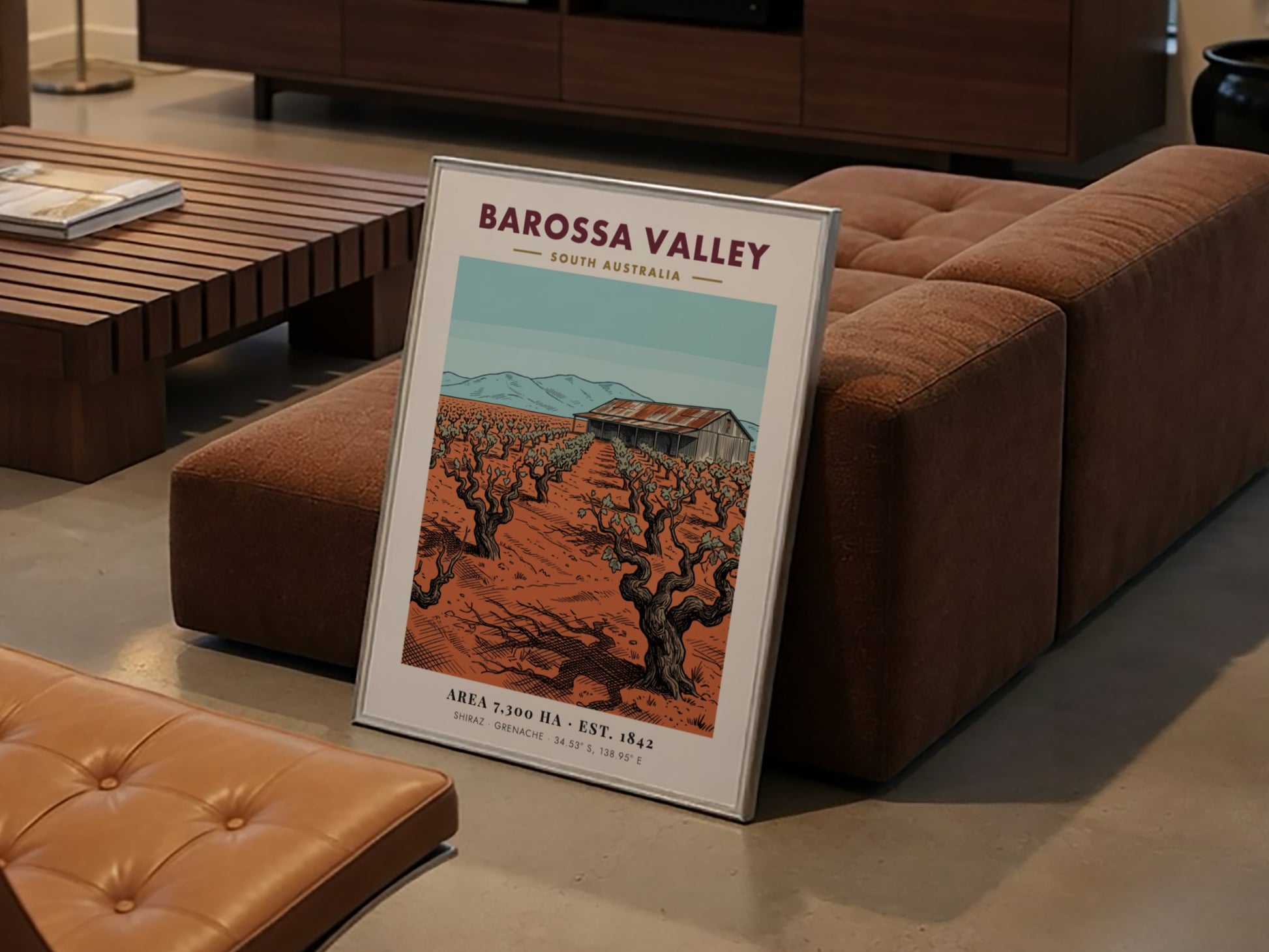 Vintage poster of Barossa Valley showing gnarled grape vines and a rustic barn