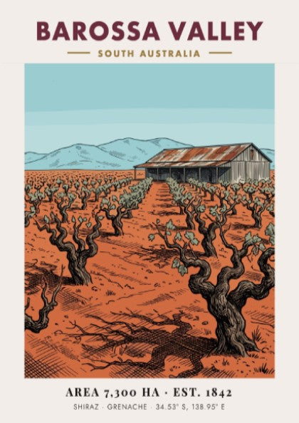 Vintage poster of Barossa Valley showing gnarled grape vines and a rustic barn