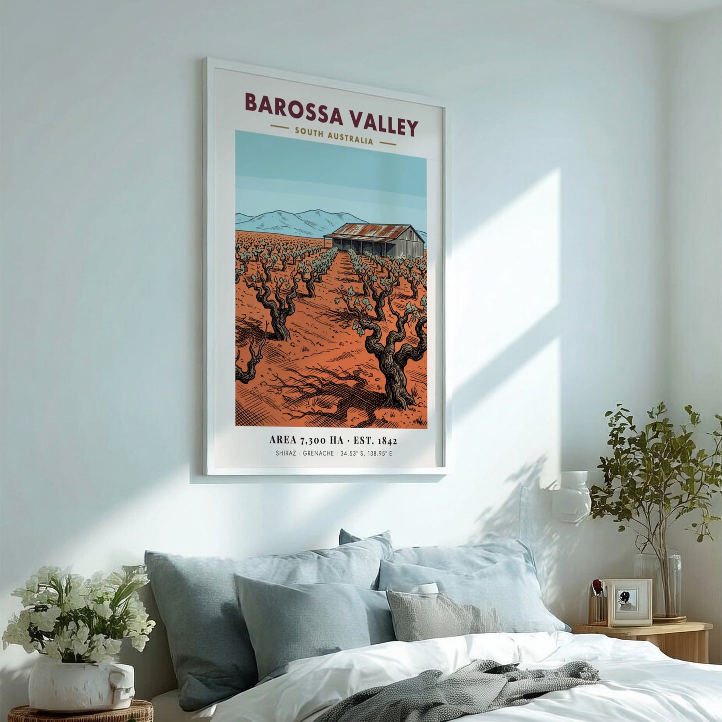 Vintage poster of Barossa Valley showing gnarled grape vines and a rustic barn
