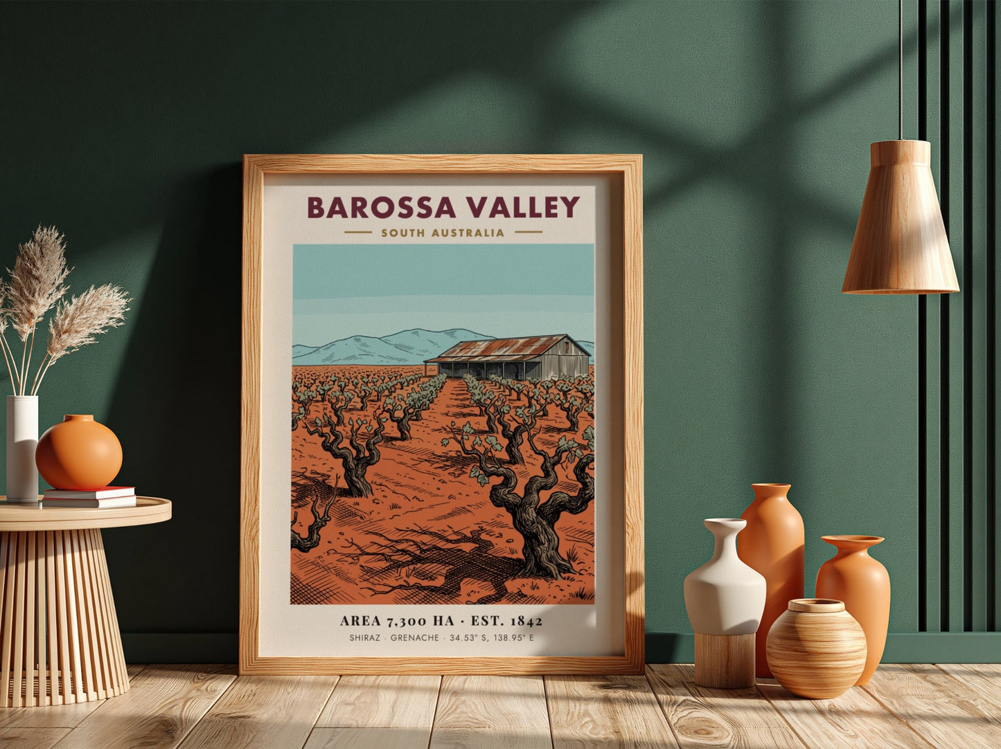 Vintage poster of Barossa Valley showing gnarled grape vines and a rustic barn
