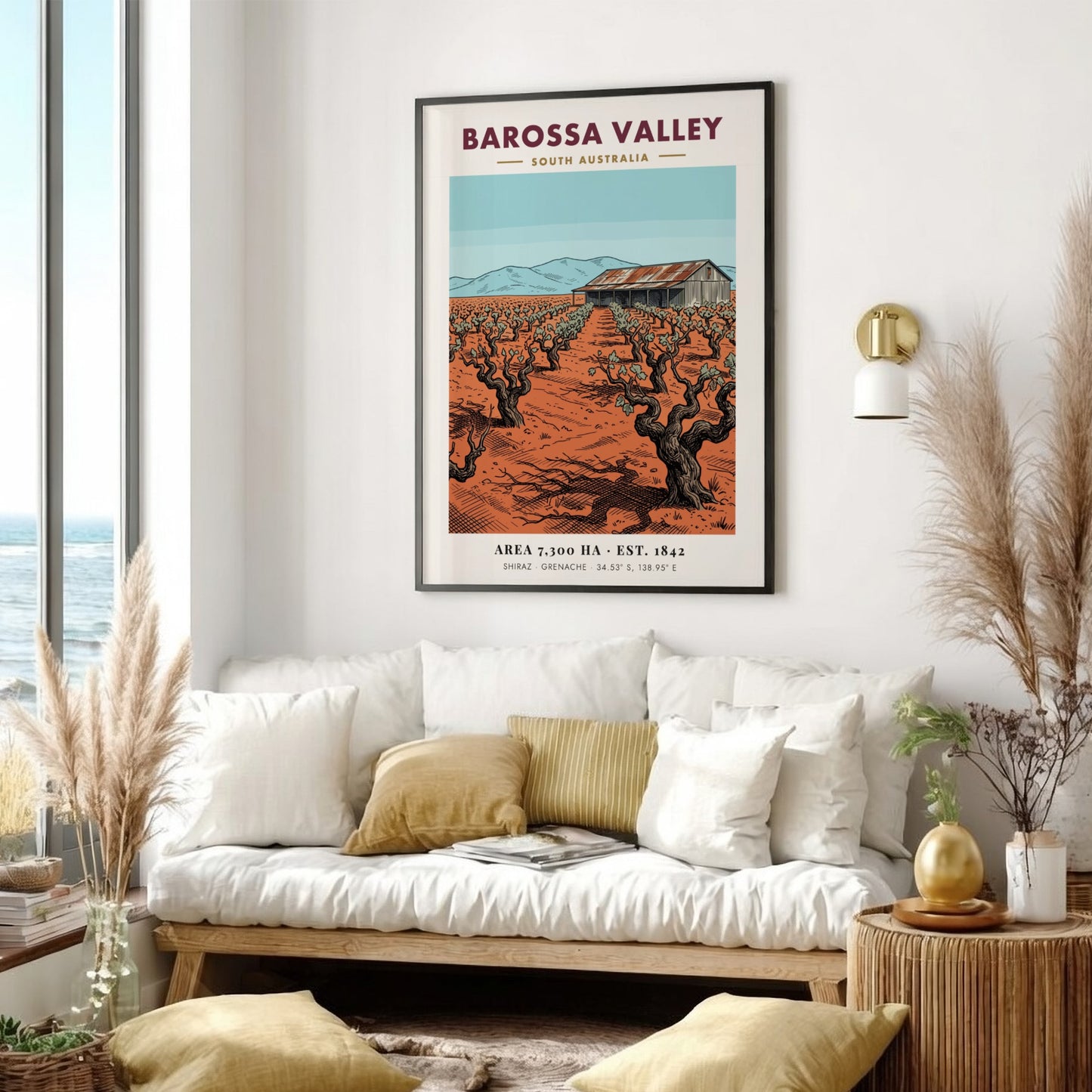 Vintage poster of Barossa Valley showing gnarled grape vines and a rustic barn