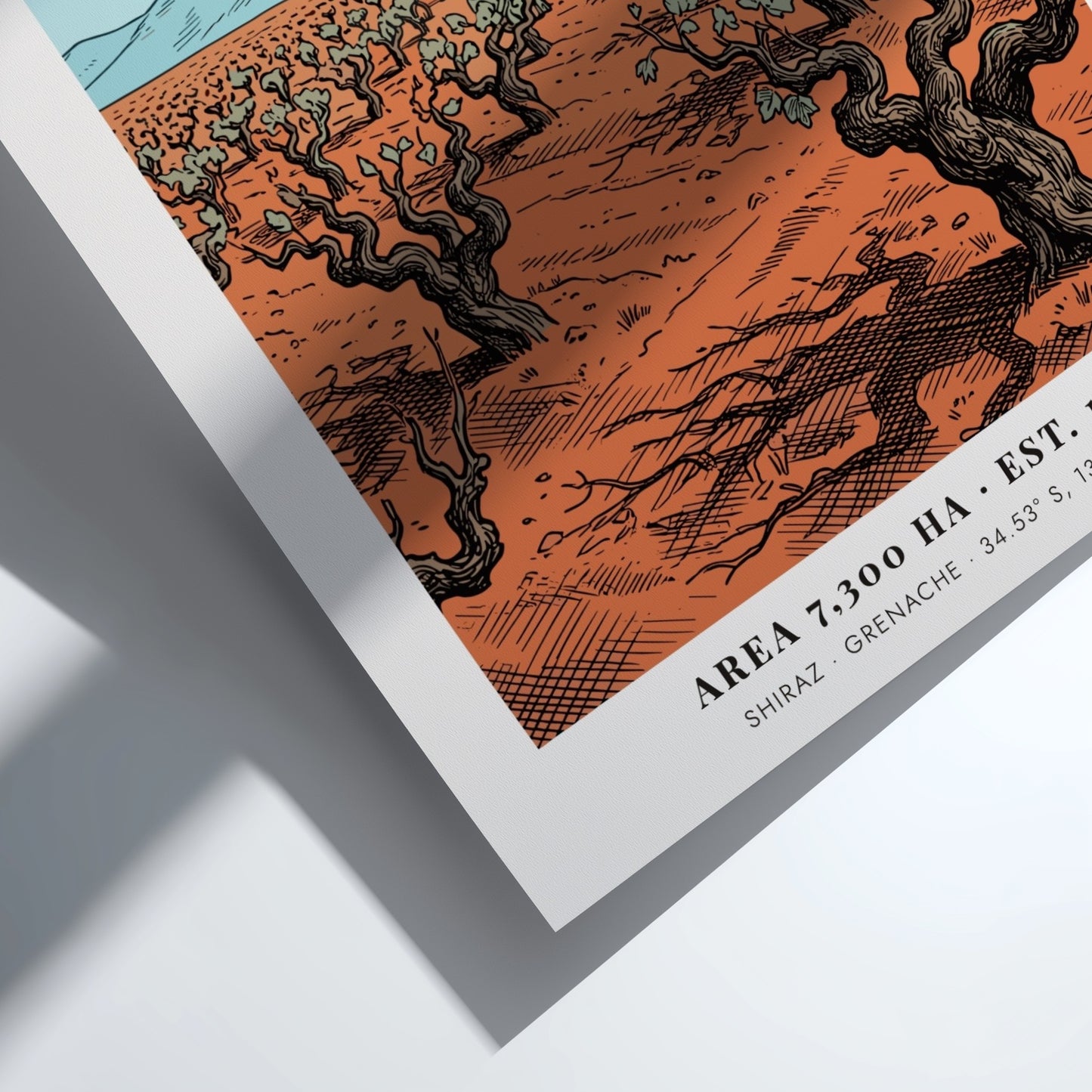 Vintage poster of Barossa Valley showing gnarled grape vines and a rustic barn