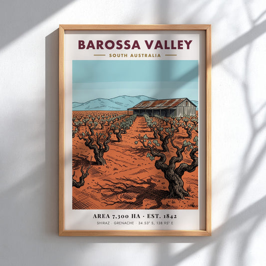 Vintage poster of Barossa Valley showing gnarled grape vines and a rustic barn