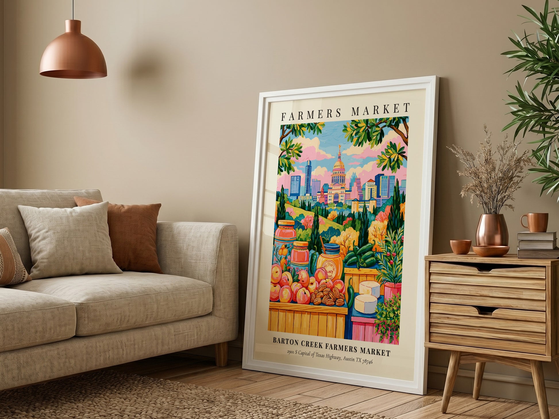 Barton Creek Farmers Market poster featuring colorful produce and Austin skyline in a vibrant art style