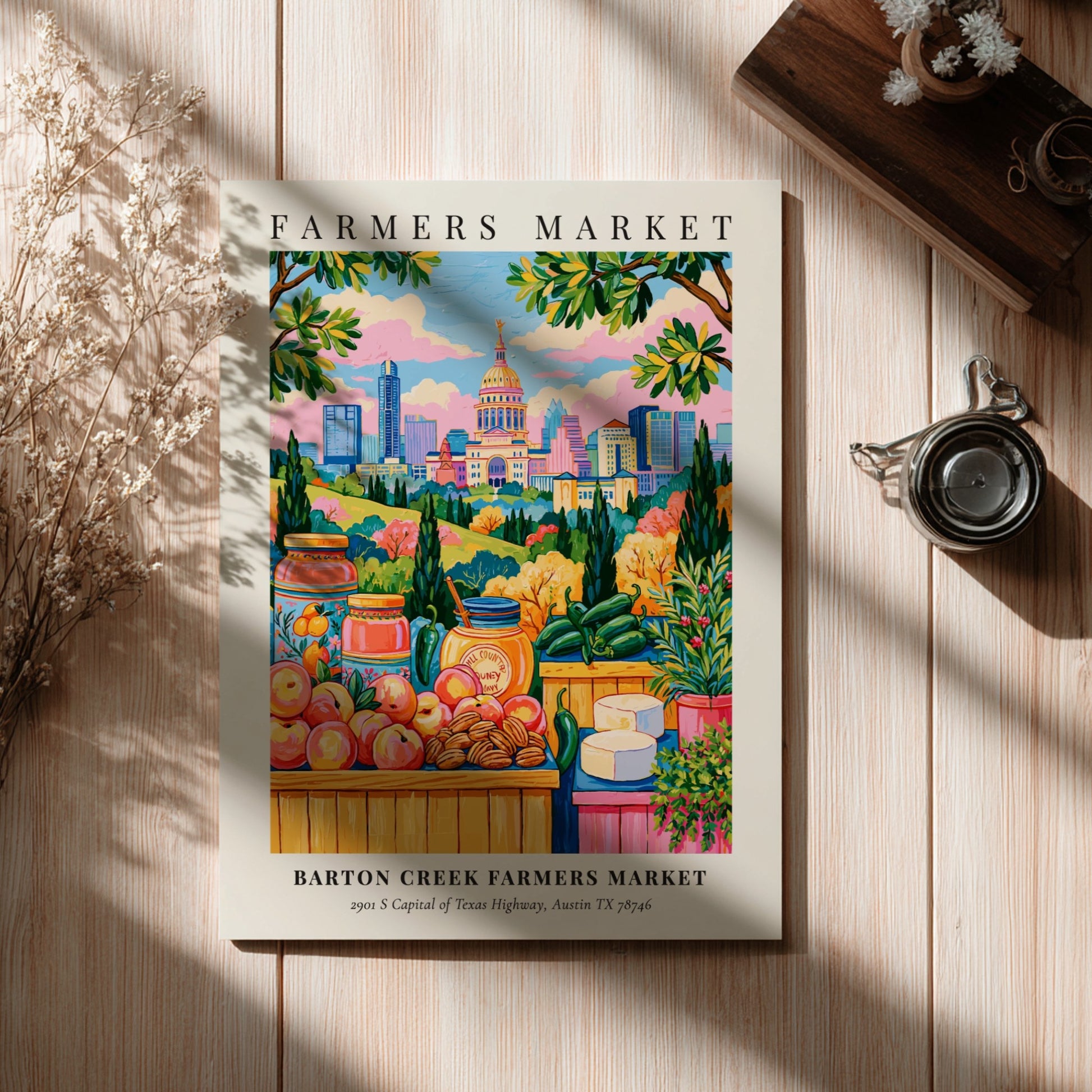 Barton Creek Farmers Market poster featuring colorful produce and Austin skyline in a vibrant art style