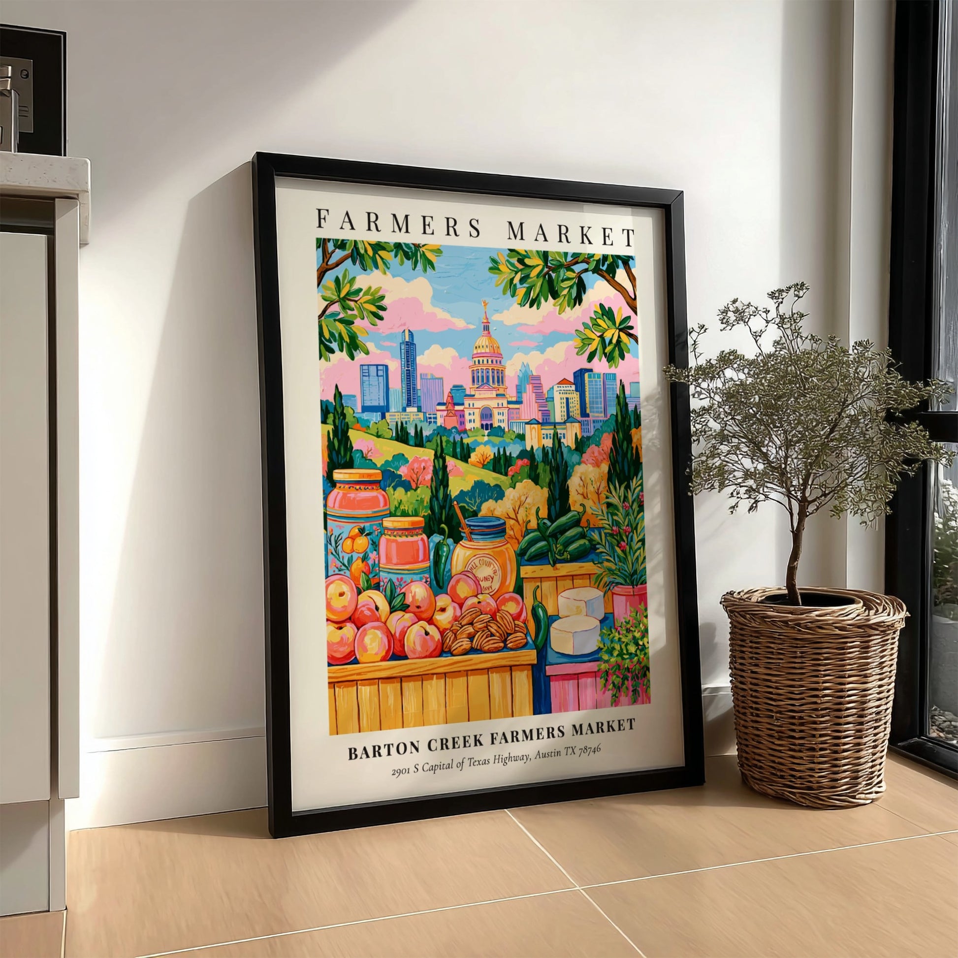 Barton Creek Farmers Market poster featuring colorful produce and Austin skyline in a vibrant art style