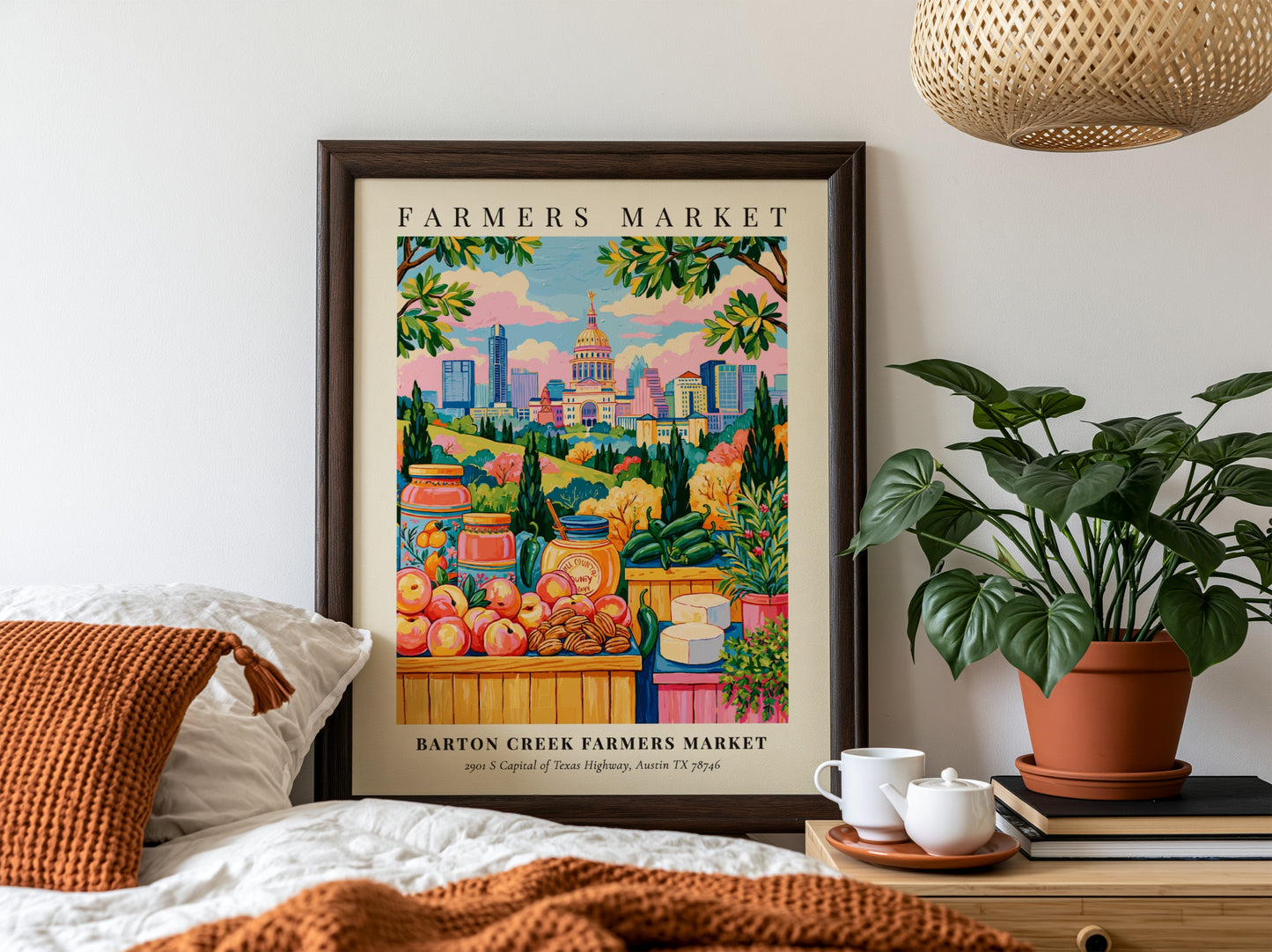 Barton Creek Farmers Market poster featuring colorful produce and Austin skyline in a vibrant art style