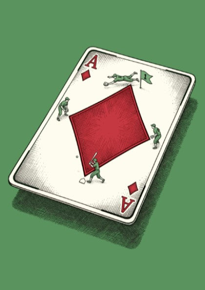 Poster showing baseball players on an ace of diamonds playing card, green background.