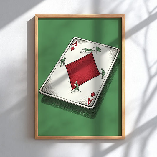 Poster showing baseball players on an ace of diamonds playing card, green background.