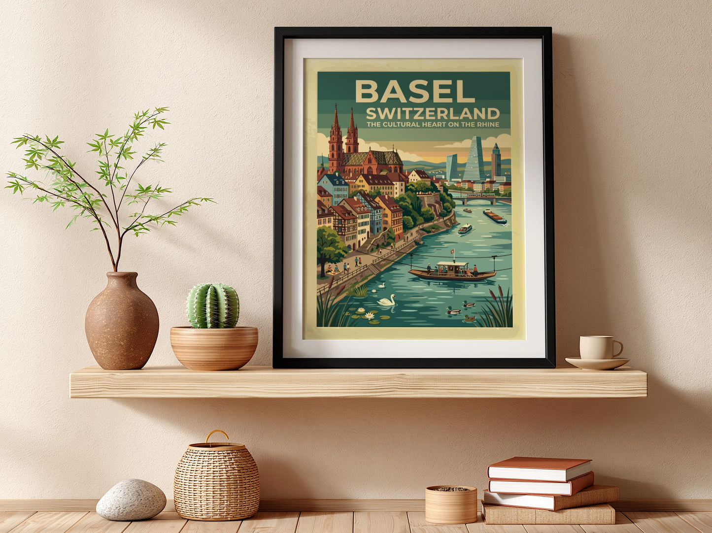 Basel Switzerland travel poster featuring the cathedral and Rhine river in vintage style.