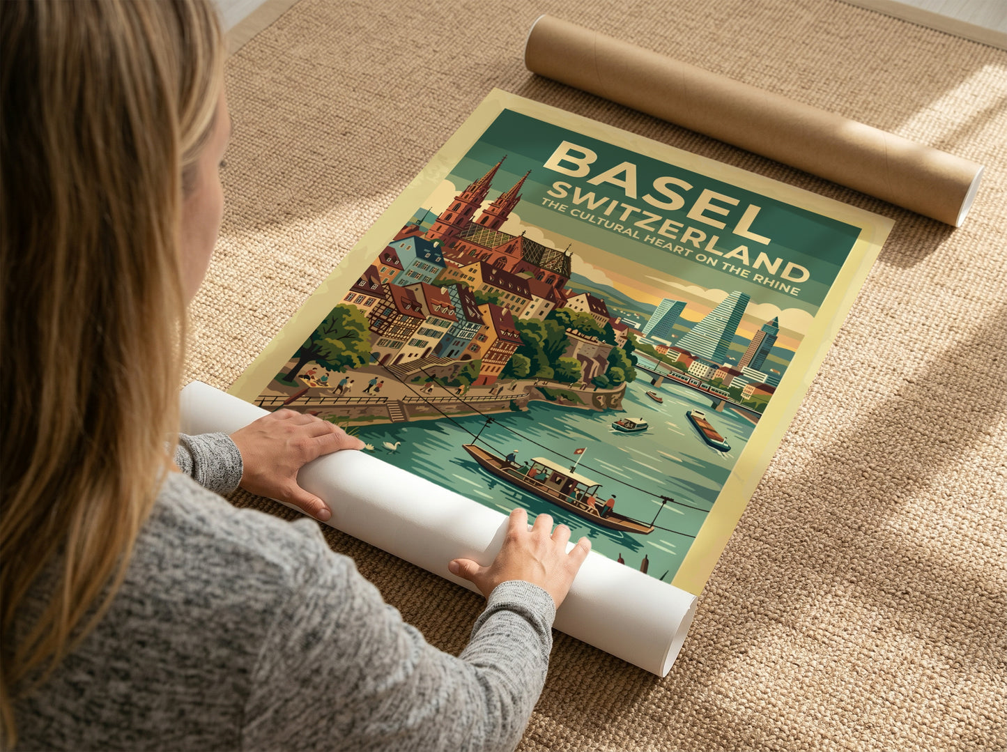Basel Switzerland travel poster featuring the cathedral and Rhine river in vintage style.