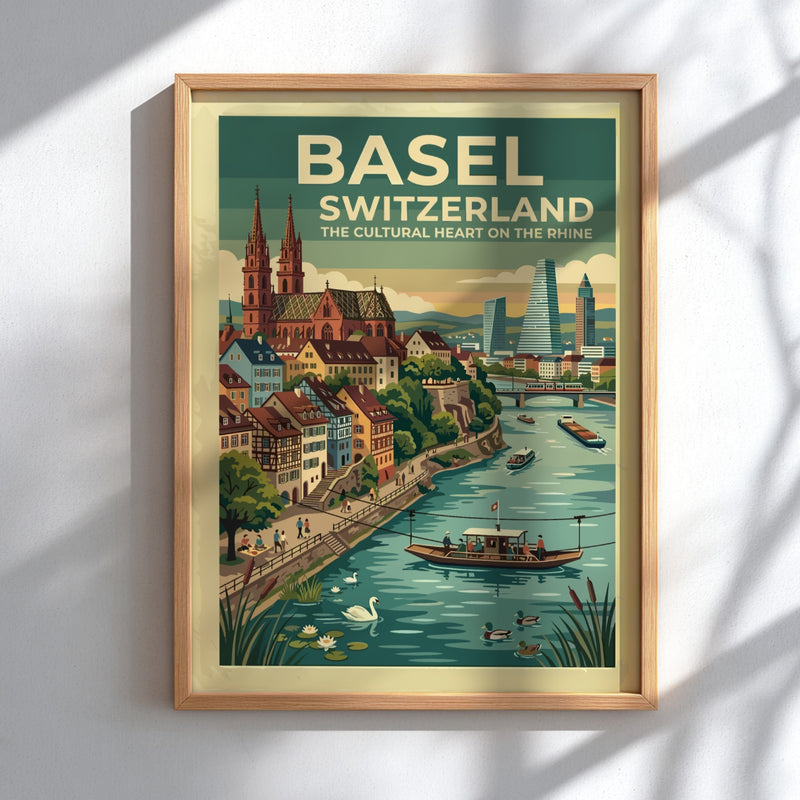 Basel Switzerland travel poster featuring the cathedral and Rhine river in vintage style.