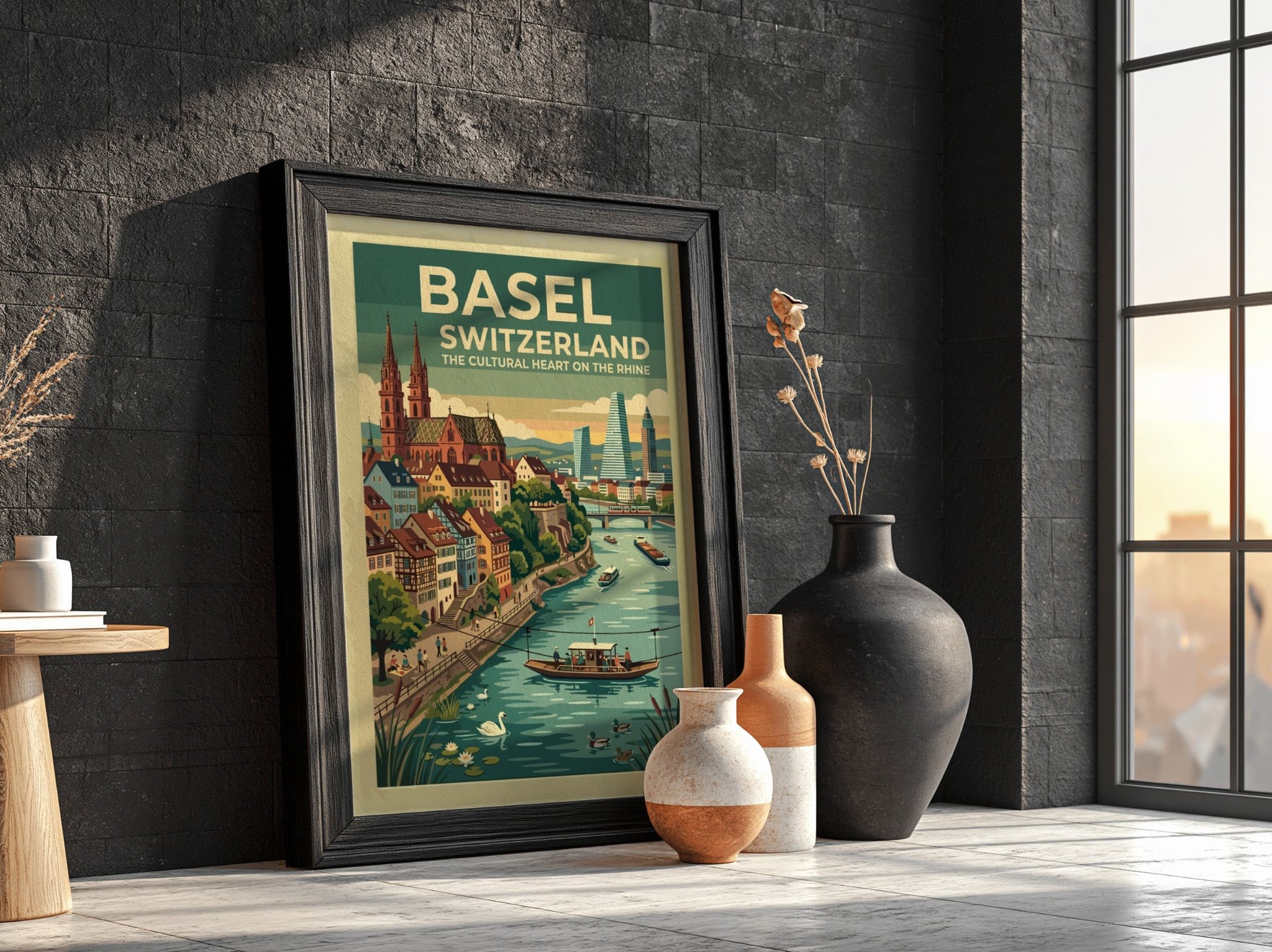 Basel Switzerland travel poster featuring the cathedral and Rhine river in vintage style.