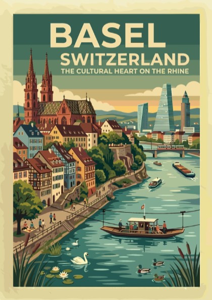 Basel Switzerland travel poster featuring the cathedral and Rhine river in vintage style.