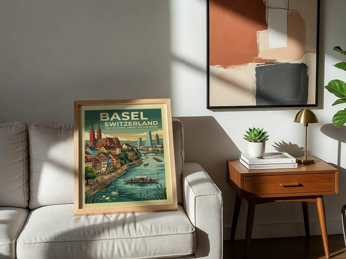 Basel Switzerland travel poster featuring the cathedral and Rhine river in vintage style.