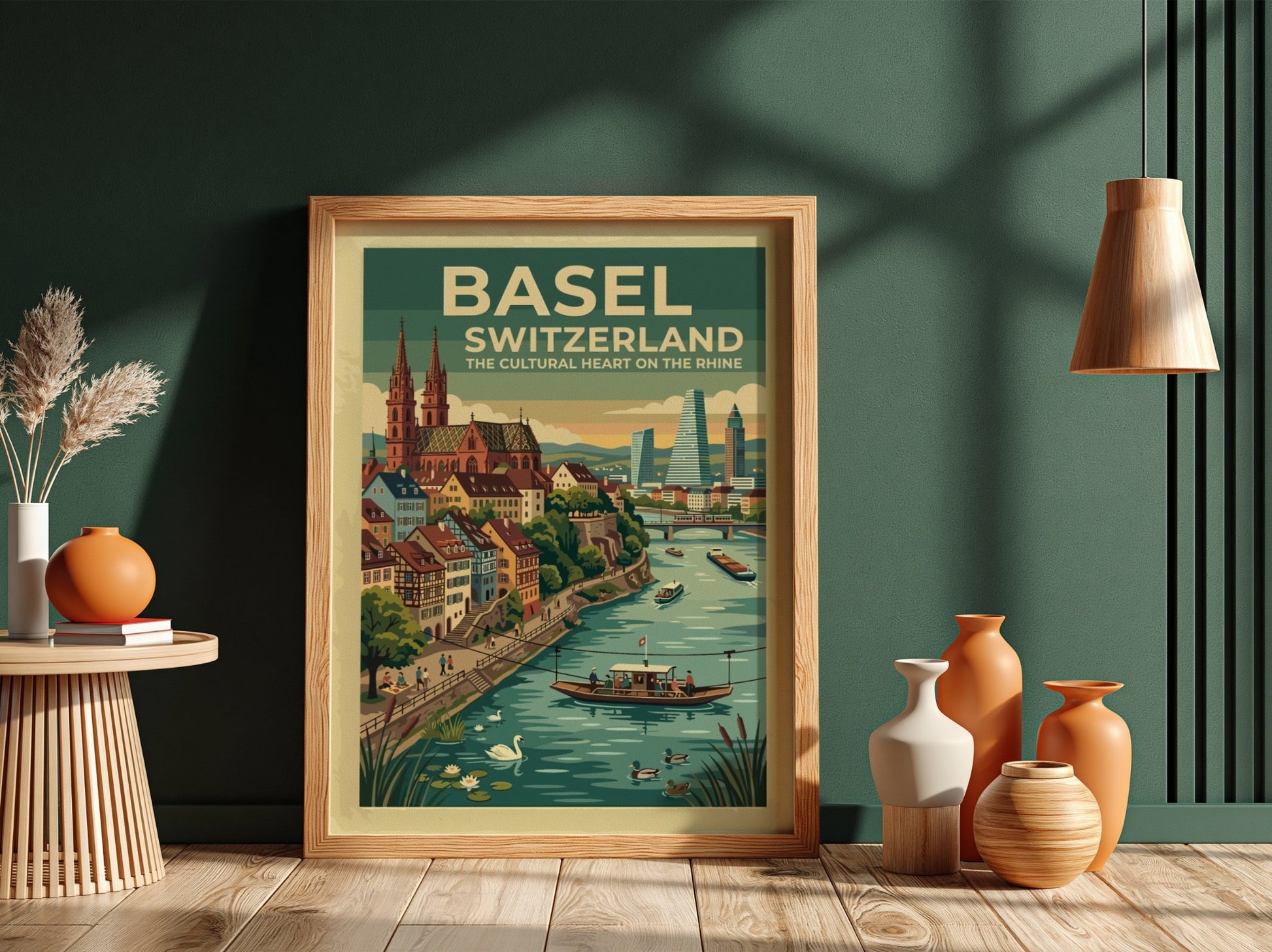 Basel Switzerland travel poster featuring the cathedral and Rhine river in vintage style.