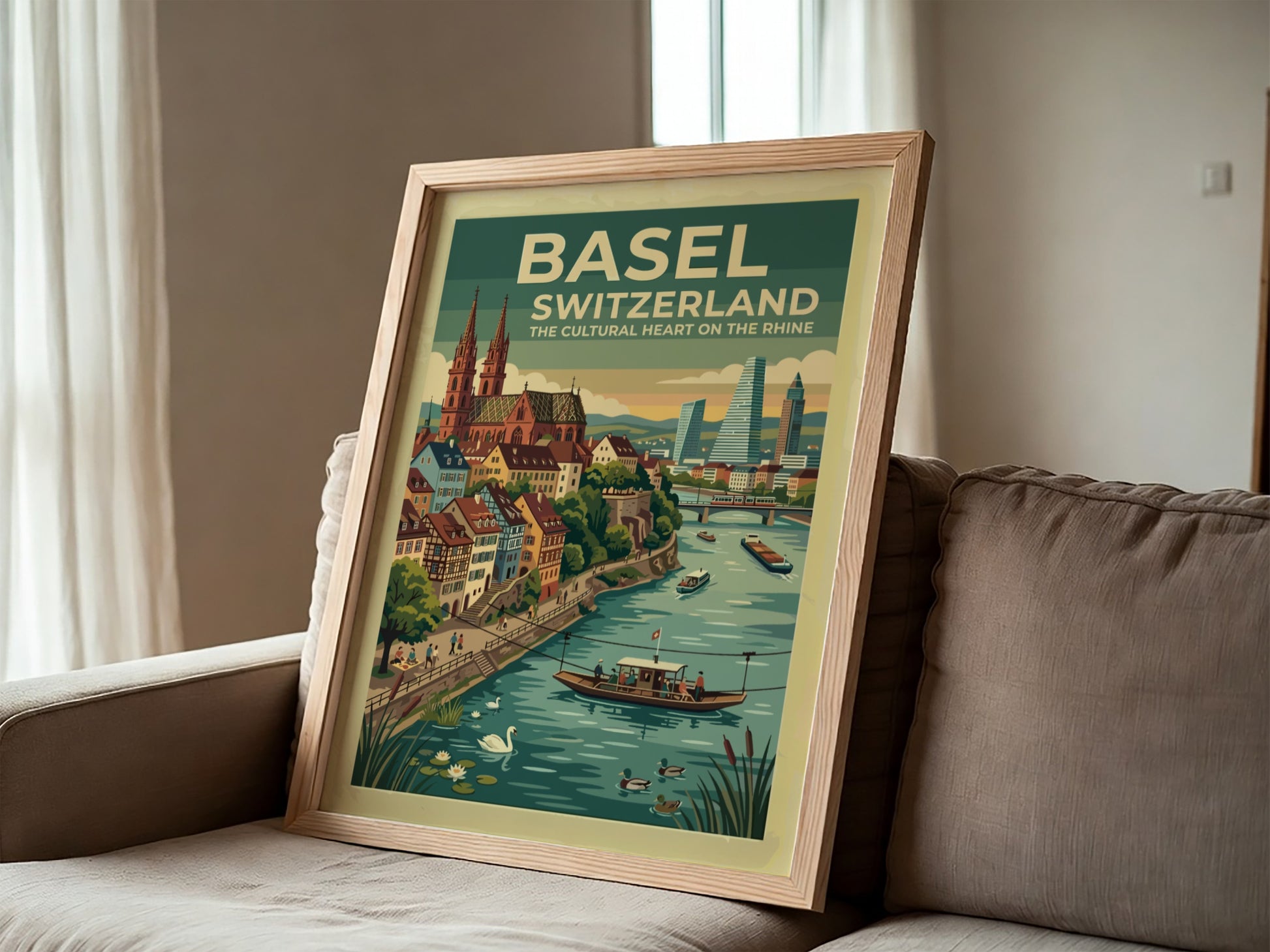 Basel Switzerland travel poster featuring the cathedral and Rhine river in vintage style.
