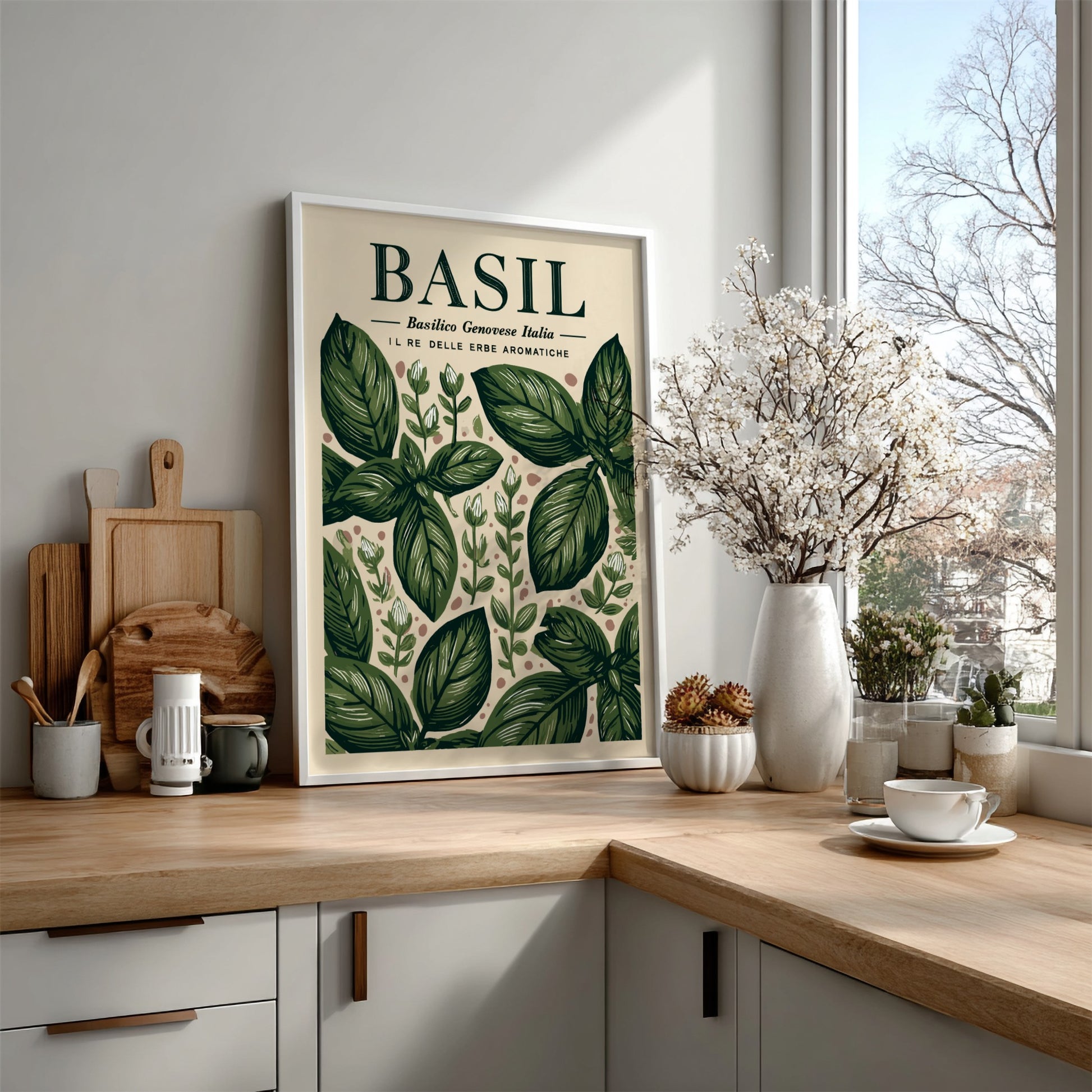 Basil kitchen poster featuring green leaves, botanical style, vintage illustration, perfect for kitchen decor