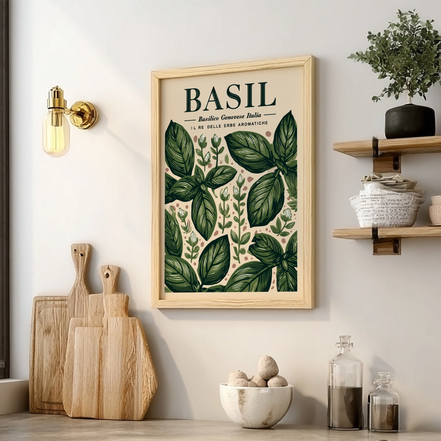 Basil kitchen poster featuring green leaves, botanical style, vintage illustration, perfect for kitchen decor