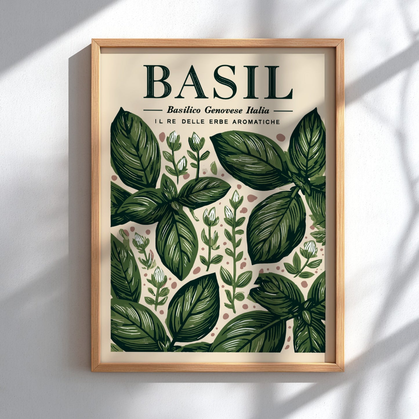 Basil kitchen poster featuring green leaves, botanical style, vintage illustration, perfect for kitchen decor