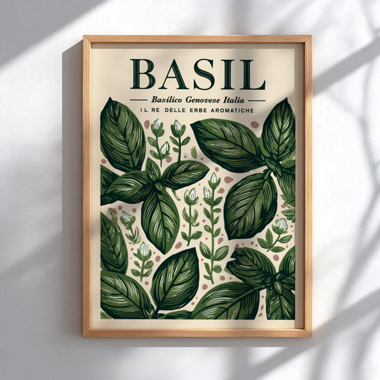Basil kitchen poster featuring green leaves, botanical style, vintage illustration, perfect for kitchen decor