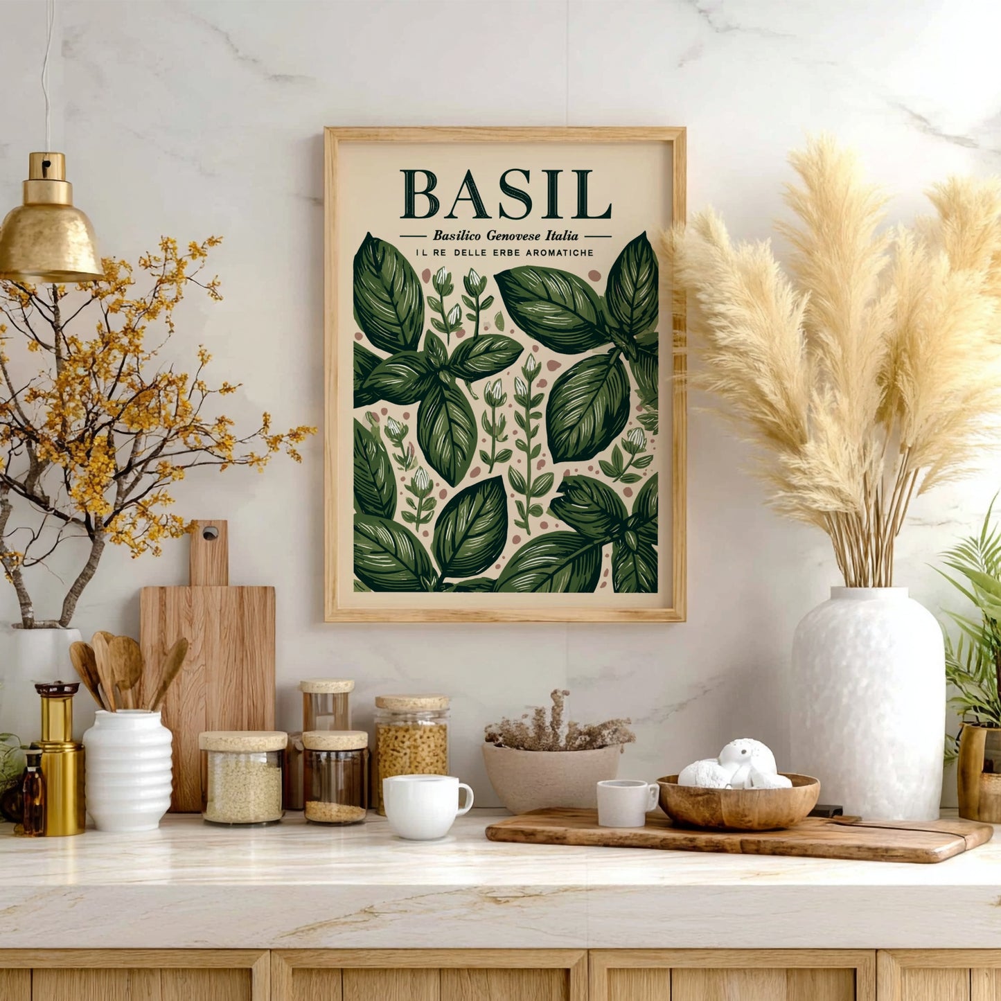 Basil kitchen poster featuring green leaves, botanical style, vintage illustration, perfect for kitchen decor