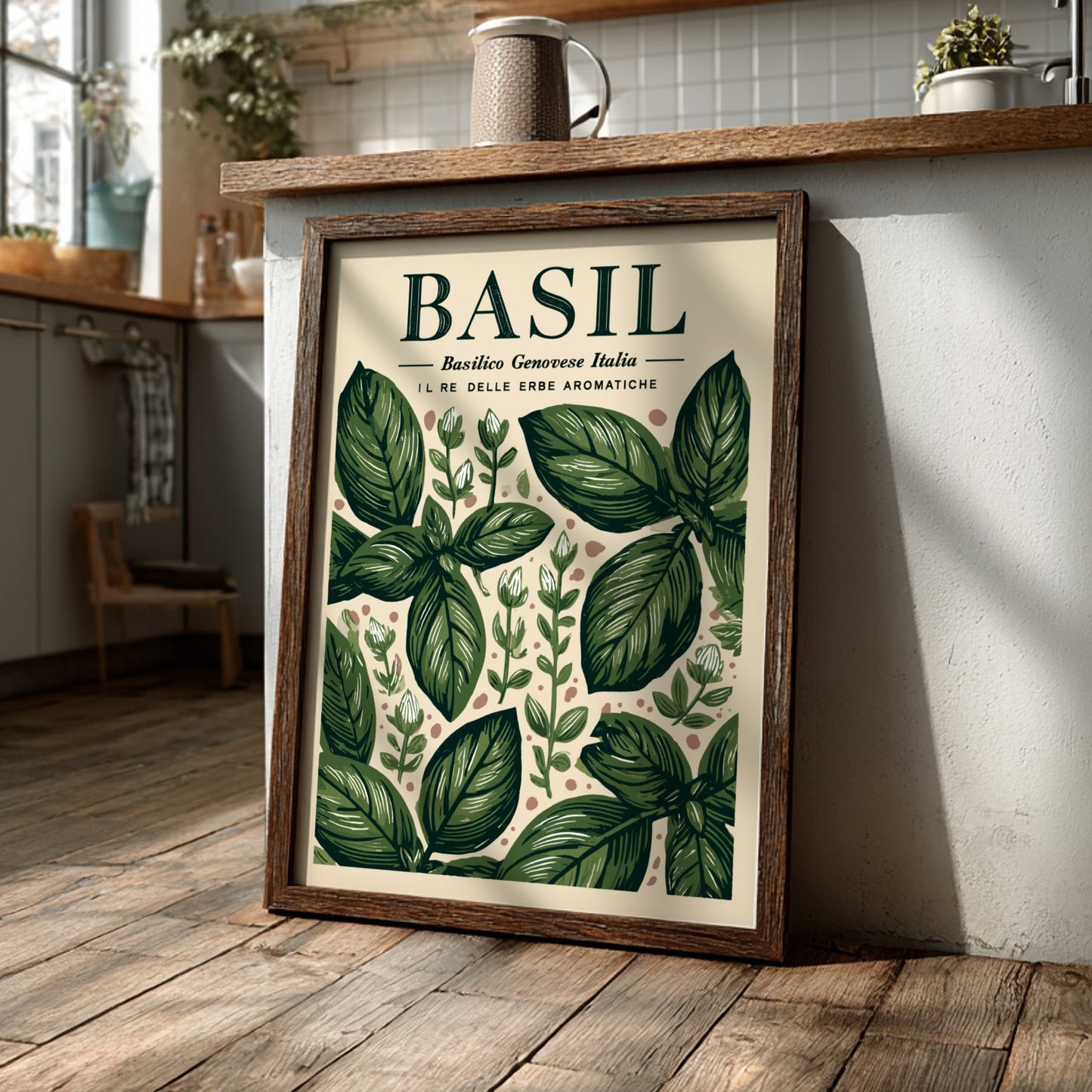 Basil kitchen poster featuring green leaves, botanical style, vintage illustration, perfect for kitchen decor