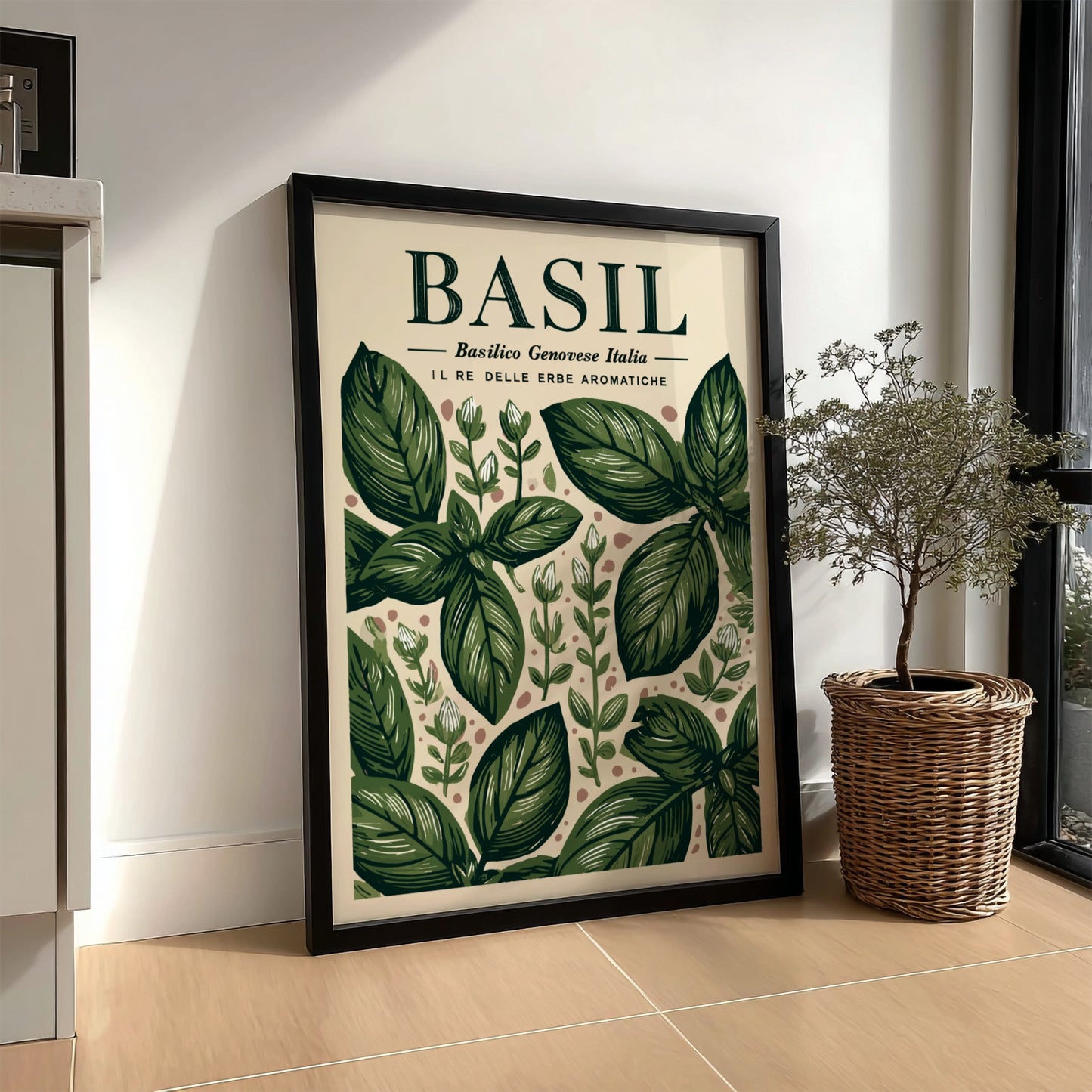Basil kitchen poster featuring green leaves, botanical style, vintage illustration, perfect for kitchen decor