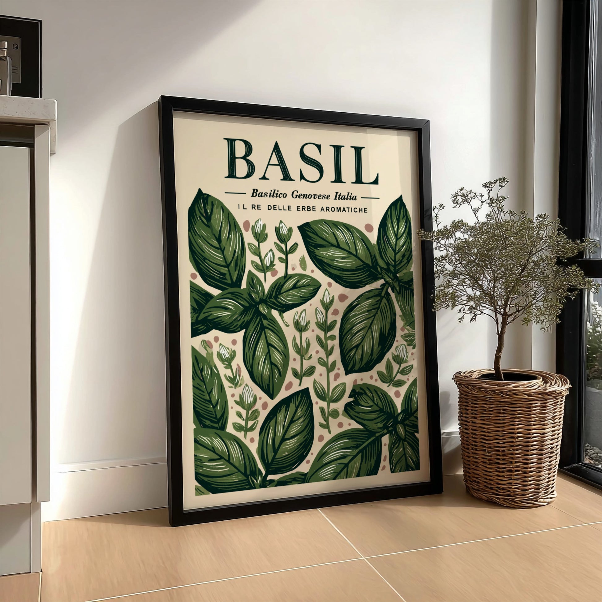 Basil kitchen poster featuring green leaves, botanical style, vintage illustration, perfect for kitchen decor