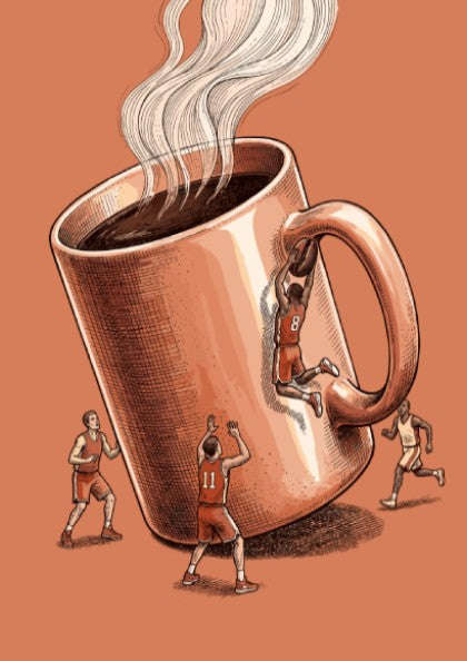 Poster showing basketball players using a giant steaming coffee mug handle as a hoop