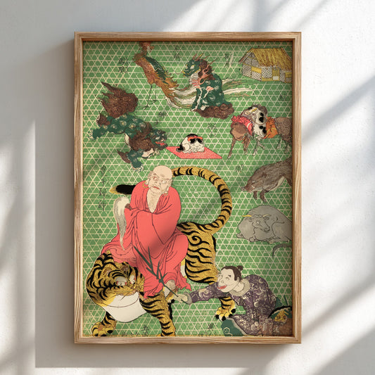 Japanese woodblock print poster of a Buddhist monk riding a tiger, with a green geometric background.