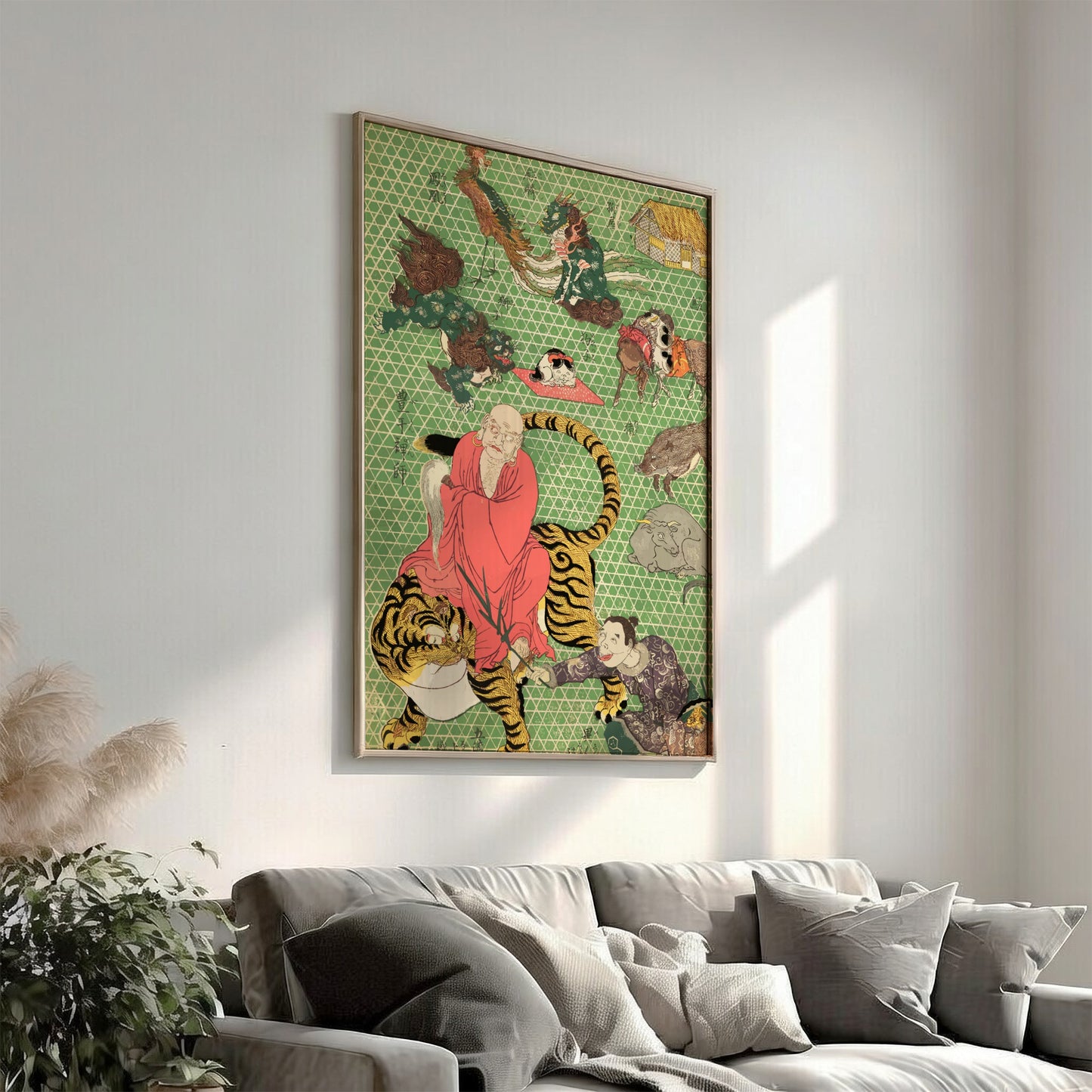 Japanese woodblock print poster of a Buddhist monk riding a tiger, with a green geometric background.